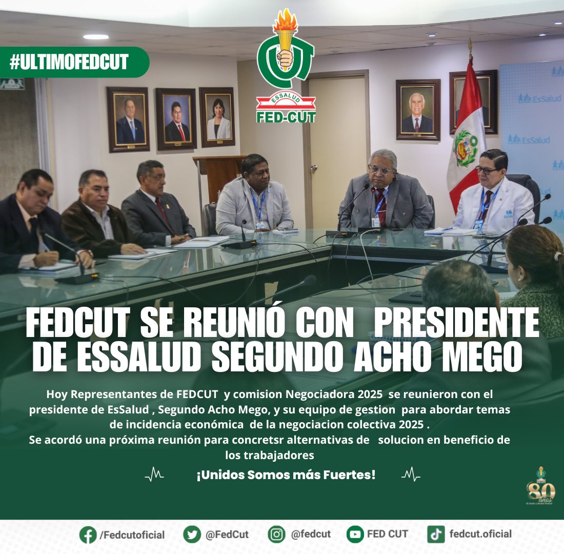 Federación CUT (@fedcut) on Twitter photo 🤝 | Representantes de Federacion CUT y la Comisión Negociadora 2025 se reunieron con el presidente de <a href="/EsSaludPeru/">EsSalud Perú</a> Dr. <a href="/segundoachom/">Segundo Cecilio Acho Mego</a>, para abordar temas económicos de la negociación colectiva.
💪 ¡Unidos Somos Más Fuertes!
#FEDCUT 🤝 | Representantes de Federacion CUT y la Comisión Negociadora 2025 se reunieron con el presidente de <a href="/EsSaludPeru/">EsSalud Perú</a> Dr. <a href="/segundoachom/">Segundo Cecilio Acho Mego</a>, para abordar temas económicos de la negociación colectiva.
💪 ¡Unidos Somos Más Fuertes!
#FEDCUT