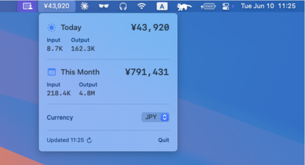 holy shit claude code is expensive 😭💸

built a menu bar app to track costs and... yeah i'm at ¥791,431 ($5,000) after just 10 days this month 📈💀

anyway if you want to cry with me: github.com/Saqoosha/ccusa… 🫠

#ClaudeCode #macOS #SwiftUI #OpenSource