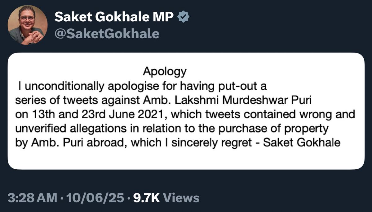 TMC MP Saket Gokhale at 3:28am issues public apology to <a href="/lakshmiunwomen/">Lakshmi M Puri</a> for tweets with wrong and unverified allegations in 2021.
