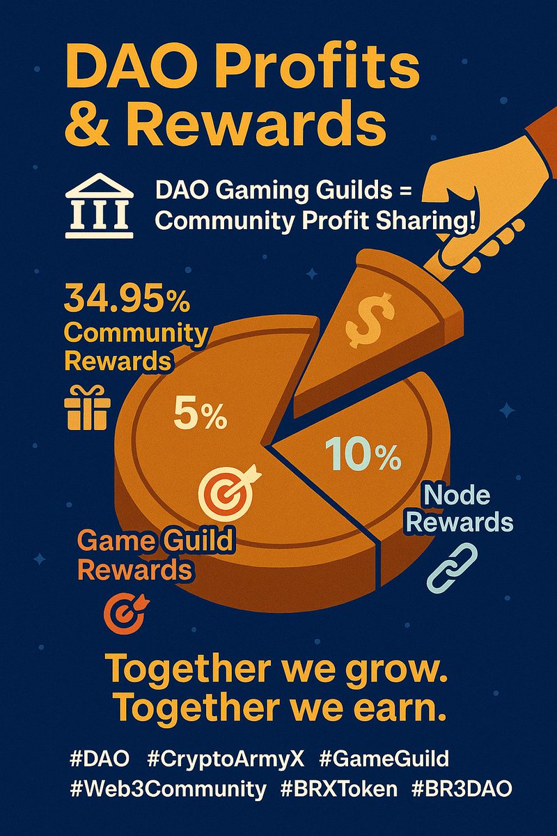 CryptoArmyX's tweet photo. DAO Profits & Rewards
🏦 DAO Gaming Guilds = Community Profit Sharing!
Every BRX holder gets a piece of the pie:
🎁 34.95% – Community Rewards
🎯 5% – Game Guild Rewards
🔗 10% – Node Rewards
Together we grow. Together we earn.
#DAO #CryptoArmyX #GameGuild #Web3Community #BRX https://t.co/5B8f2fzWoo