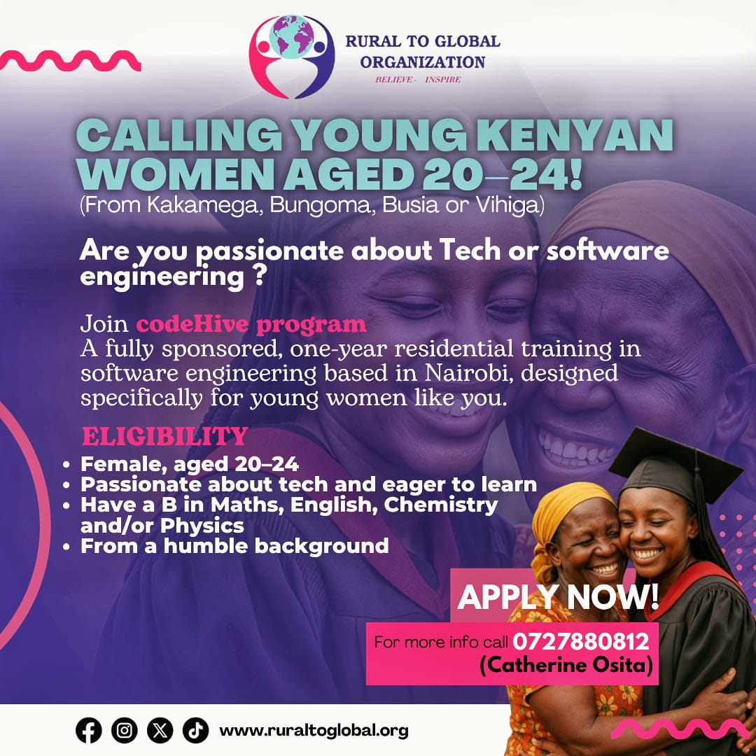 Dreaming of a tech career?
codeHive program offers FREE, one-year software engineering training in Nairobi for women (20–24) from Kakamega, Bungoma, Busia &amp; Vihiga.

APPLY NOW! 

For more info call
📞 0727880812 (Catherine)
#GirlsInTech #AmplifyRuralCommunities