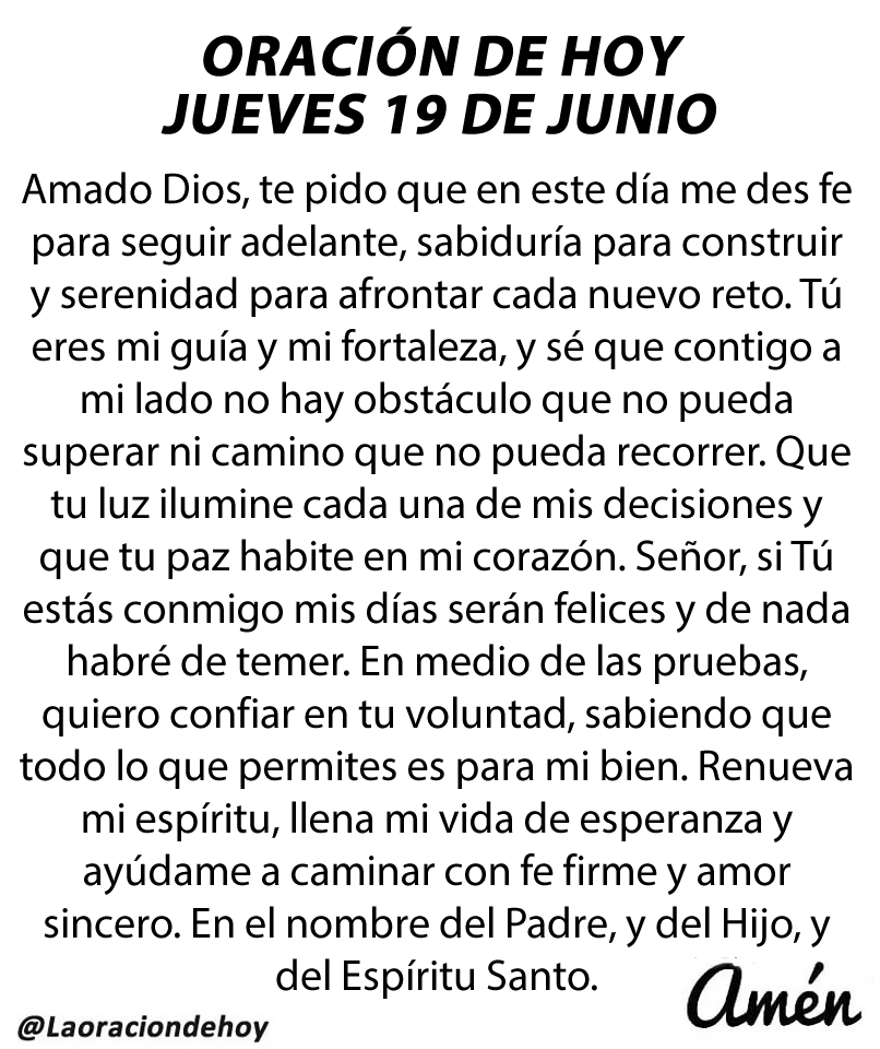 Oración diaria para hoy jueves 19 de junio de 2025.