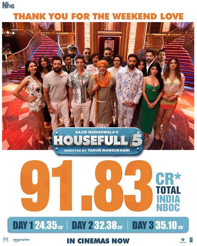 aashutoshs55560's tweet photo. #Housefull5 💥 kicks off with a bang 💸 earning a massive ₹91.83 CR* in its 1st weekend at the Indian box office!
Day 1️⃣: ₹24.35 CR | Day 2️⃣: ₹32.38 CR | Day 3️⃣: ₹35.10 CR
#WeekendBlockbuster 🍿🔥💯
Then…
It’s a full dose of madness & laughter 🤣 with non-stop entertainment!
#AkshayKumar brings back his iconic comedy timing 😂 while the entire cast delivers chaos and charm 💫
#ComedyCarnival 🎭🎬✨