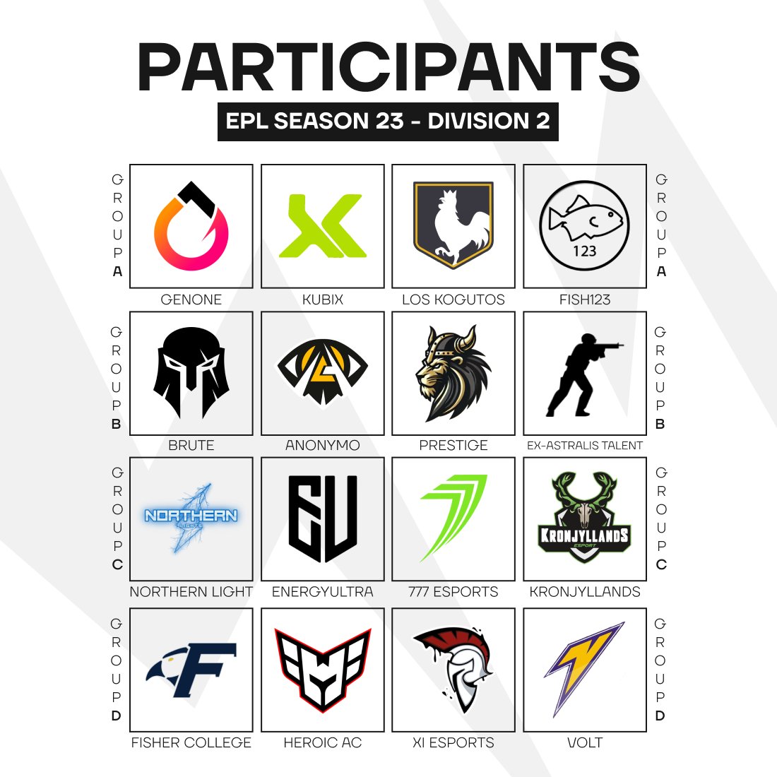 EPL (@euproleague_) on Twitter photo All participants of EPL Season 23 - Division 2 on your screens! π
πΈ Group A
<a href="/GenOneEsports/">GenOne</a>
<a href="/Kubixesports/">Kubix Esports</a>
<a href="/LosKogutos/">los kogutos</a>
Fish123
πΈ Group B
<a href="/brute_gg1/">BRUTE</a>
<a href="/AnonymoEsports/">Anonymo Esports</a>
<a href="/EsportPrestige_/">Prestige Esport</a>
Ex-astralis Talent
πΈ Group C
Northern Lights
<a href="/ENERGYULTRAcs/">ENERGYULTRA</a>
<a href="/777esports/">777 Esports π½</a>
<a href="/KronjyllandsCS/">Kronjyllands Esport</a>
πΈ All participants of EPL Season 23 - Division 2 on your screens! π
πΈ Group A
<a href="/GenOneEsports/">GenOne</a>
<a href="/Kubixesports/">Kubix Esports</a>
<a href="/LosKogutos/">los kogutos</a>
Fish123
πΈ Group B
<a href="/brute_gg1/">BRUTE</a>
<a href="/AnonymoEsports/">Anonymo Esports</a>
<a href="/EsportPrestige_/">Prestige Esport</a>
Ex-astralis Talent
πΈ Group C
Northern Lights
<a href="/ENERGYULTRAcs/">ENERGYULTRA</a>
<a href="/777esports/">777 Esports π½</a>
<a href="/KronjyllandsCS/">Kronjyllands Esport</a>
πΈ