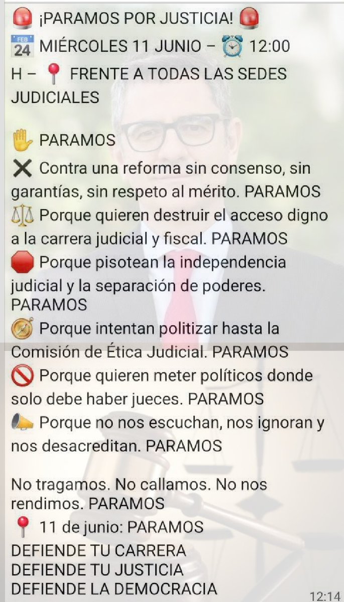 🔴| #𝗨𝗥𝗚𝗘𝗡𝗧𝗘

💥💥 ¡𝗣𝗔𝗥𝗔𝗠𝗢𝗦! Mañana jueces y fiscales convocan un paro en rechazo a las reformas anunciadas por el Gobierno.

Desde JUSAPOL 🏴, nuestro apoyo incondicional y total. La separación de poderes es un principio fundamental de las 𝗗𝗘𝗠𝗢𝗖𝗥𝗔𝗖𝗜𝗔𝗦.