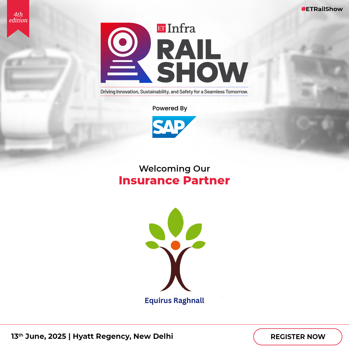 ET_Infra's tweet image. Welcome aboard, @equirusgroup, as the Insurance Partner for #ETRailShow 2025!

📍 Hyatt Regency, New Delhi
📅 13 June 2025

🔗 infra.economictimes.indiatimes.com/rail-show?ag_c…

#InfraSecurity #RailInsurance #ETInfra #RailShowPartner