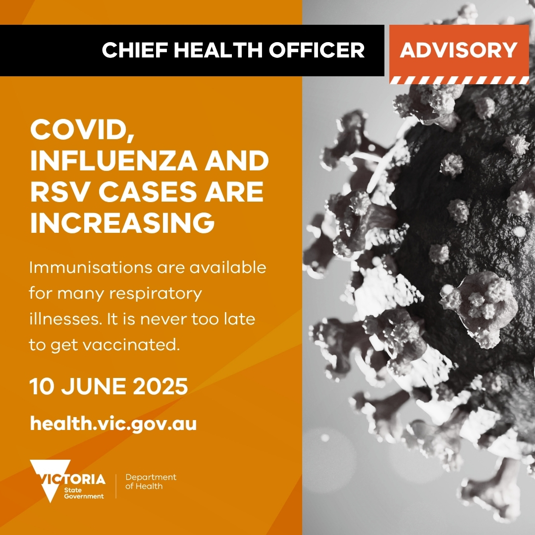 There's an increased risk of respiratory illnesses heading into winter. In Victoria, the increase in COVID-19 cases between April and May this year was 2.5x higher than the same time last year, and hospitalisations have been increasing. Flu &amp; RSV cases are also increasing.

1/4🧵