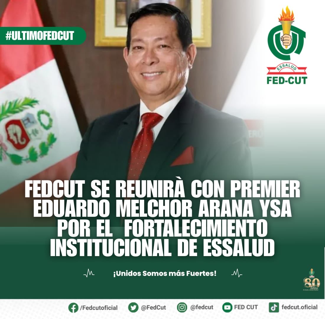 Wilfredo Ponce (@willy_poncec) on Twitter photo #Martes 10 de junio, <a href="/FedCut/">Federación CUT</a> se reunirá con <a href="/pcmperu/">Consejo de Ministros</a> Dr Eduardo Arana Ysa, con la finalidad de establecer políticas de fortalecimiento, autonomía y sostenibilidad de <a href="/EsSaludPeru/">EsSalud Perú</a> y por respeto a los derechos laborales <a href="/DanielMaurateR/">Daniel Maurate R.</a> #80AñosFEDCUT #Martes 10 de junio, <a href="/FedCut/">Federación CUT</a> se reunirá con <a href="/pcmperu/">Consejo de Ministros</a> Dr Eduardo Arana Ysa, con la finalidad de establecer políticas de fortalecimiento, autonomía y sostenibilidad de <a href="/EsSaludPeru/">EsSalud Perú</a> y por respeto a los derechos laborales <a href="/DanielMaurateR/">Daniel Maurate R.</a> #80AñosFEDCUT