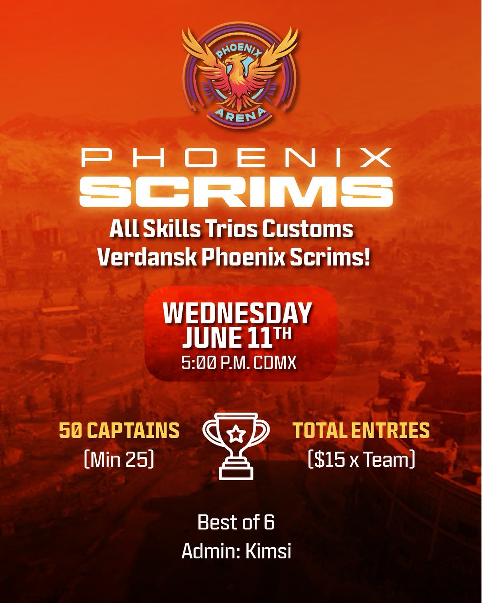 🔥🐦‍🔥 EWC Phoenix Scrims! 🐦‍🔥🔥
            2nd WSOW Scrims   

📆: Wednesday Jun 09th / 5:00CDMX|7:00 est
🎟️: 50 captains 
🌎: Central host 
🏆: Total Entries ($15x Team)💸
📈: 6/6 Maps 

Admin: <a href="/kimsi__/">GSG kimsi</a>