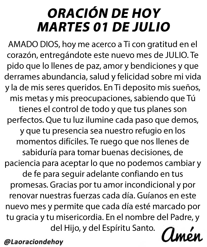 Oración diaria para hoy martes 01 de julio de 2025.