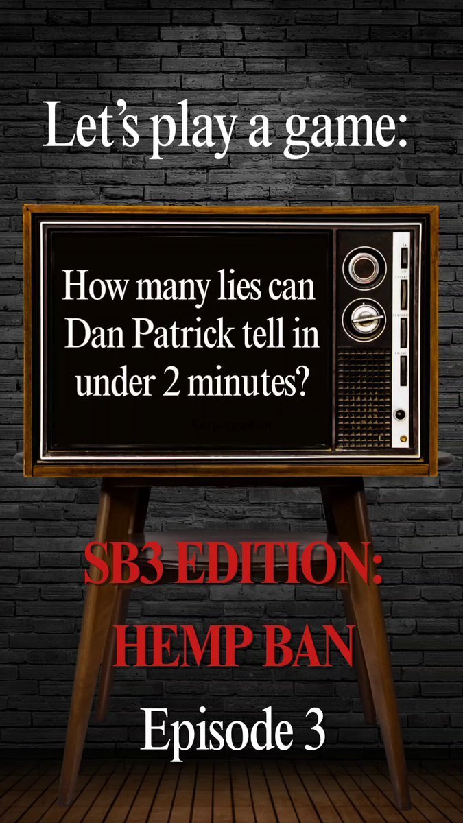 Tara Latil (@turtleann2005) on Twitter photo How many lies can Dan Patrick tell in under 2 minutes ?
SB3 EDITION
Episode 3
#VetoSB3
#savetexashemp
#inactionisaction
#facesoftxhemp
<a href="/GregAbbott_TX/">Greg Abbott</a>
@foxnews #Texas
<a href="/GregAbbott_TX/">Greg Abbott</a> <a href="/GovernorofTexas/">SCS Gov TX</a>
<a href="/CNN/">CNN</a> <a href="/abcnews/">ABC News</a> <a href="/NBCNews/">NBC News</a> How many lies can Dan Patrick tell in under 2 minutes ?
SB3 EDITION
Episode 3
#VetoSB3
#savetexashemp
#inactionisaction
#facesoftxhemp
<a href="/GregAbbott_TX/">Greg Abbott</a>
@foxnews #Texas
<a href="/GregAbbott_TX/">Greg Abbott</a> <a href="/GovernorofTexas/">SCS Gov TX</a>
<a href="/CNN/">CNN</a> <a href="/abcnews/">ABC News</a> <a href="/NBCNews/">NBC News</a>