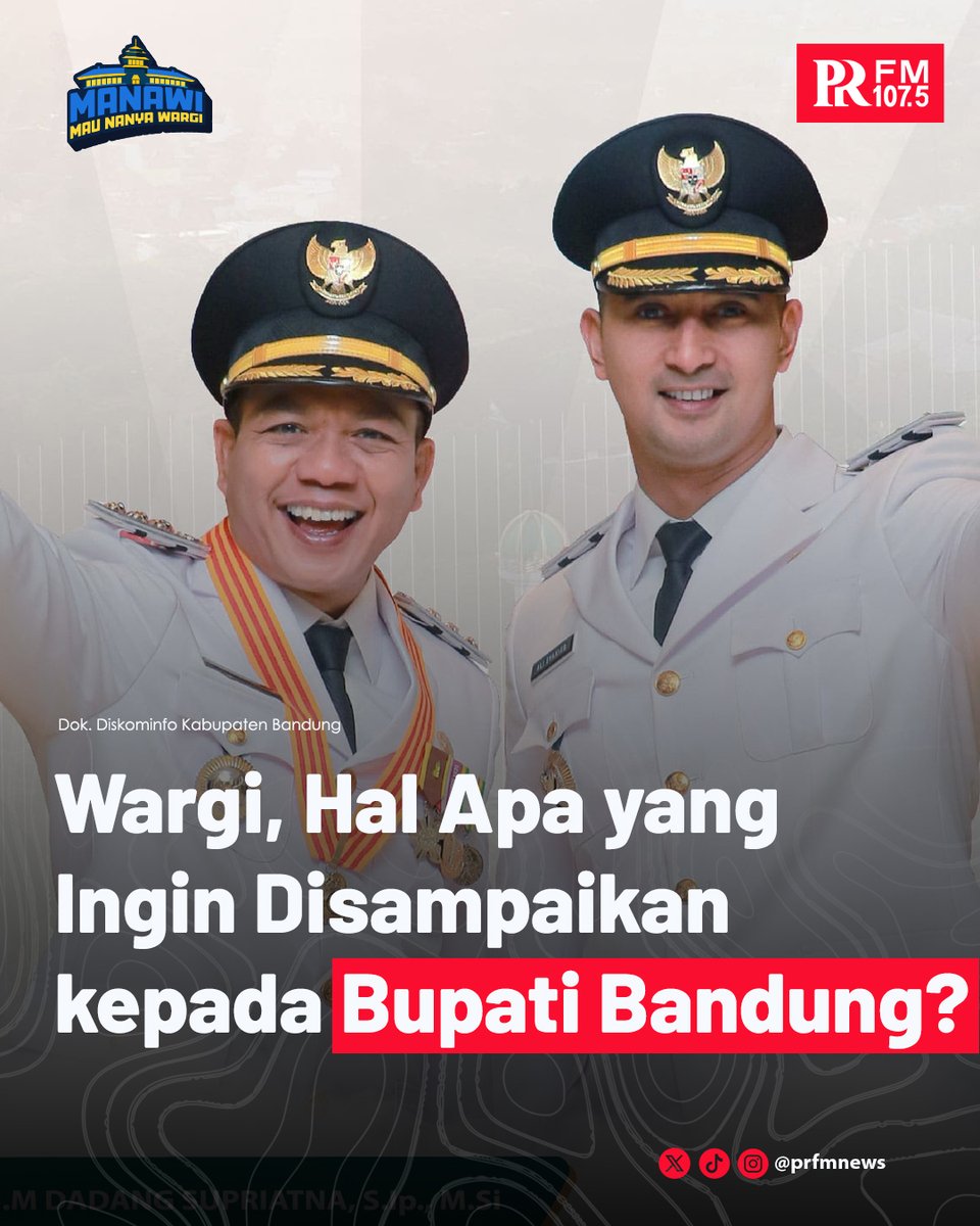 PRFMnews's tweet image. Wargi, bila ada kesempatan bertemu Bupati Bandung Dadang Supriatna, kira-kira hal apa yang ingin disampaikan kepadanya?

Pertanyaan wargi kita akan tanyakan langsung ke Bupati Bandung di Sesi khusus Talkshow 100 hari Bupati Bandung.

#PRFMNews #Manawi #Bupati #KabupatenBandung