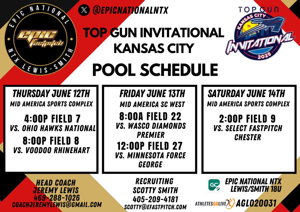 Epic National NTX 18U Smith-Lewis (@epicnationalntx) on Twitter photo These girls are ready to hit the road to Kansas City!! Come watch these girls do what they do best, COMPETE!! #BeEpic #DES <a href="/EpicFastpitchO/">EpicFastpitch.org</a> <a href="/GMsportsmedia1/">GM Sports Media</a> <a href="/SunilSportsNews/">Sports News By Sunil Sunder Raj</a> <a href="/ExtraInningSB/">EXTRA INNING SOFTBALL</a>
Thursday 6/12
⏲️4p & 8p
🏟️Mid America Sports Complex Field 7 & 8
Friday 6/13
⏲️ 8a & 12p
🏟️ These girls are ready to hit the road to Kansas City!! Come watch these girls do what they do best, COMPETE!! #BeEpic #DES <a href="/EpicFastpitchO/">EpicFastpitch.org</a> <a href="/GMsportsmedia1/">GM Sports Media</a> <a href="/SunilSportsNews/">Sports News By Sunil Sunder Raj</a> <a href="/ExtraInningSB/">EXTRA INNING SOFTBALL</a>
Thursday 6/12
⏲️4p & 8p
🏟️Mid America Sports Complex Field 7 & 8
Friday 6/13
⏲️ 8a & 12p
🏟️
