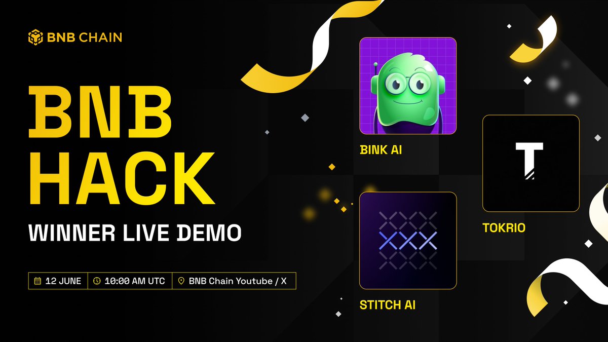 BNB Chain (@bnbchain) on Twitter photo BNB Hack: Winner Live Demo with <a href="/bink_ai/">Bink AI - DeFAI on BNB</a>, <a href="/tokrio_com/">tokrio</a>, <a href="/StitchAI_hq/">Stitch AI</a> 🎉
Meet the winners of #BNBHack and explore what they’re building on BNB Chain.
✅ Complete simple tasks to share $500 👇
app.questn.com/quest/10463052…
💬 Comment your question under the X Live post, if selected, BNB Hack: Winner Live Demo with <a href="/bink_ai/">Bink AI - DeFAI on BNB</a>, <a href="/tokrio_com/">tokrio</a>, <a href="/StitchAI_hq/">Stitch AI</a> 🎉
Meet the winners of #BNBHack and explore what they’re building on BNB Chain.
✅ Complete simple tasks to share $500 👇
app.questn.com/quest/10463052…
💬 Comment your question under the X Live post, if selected,