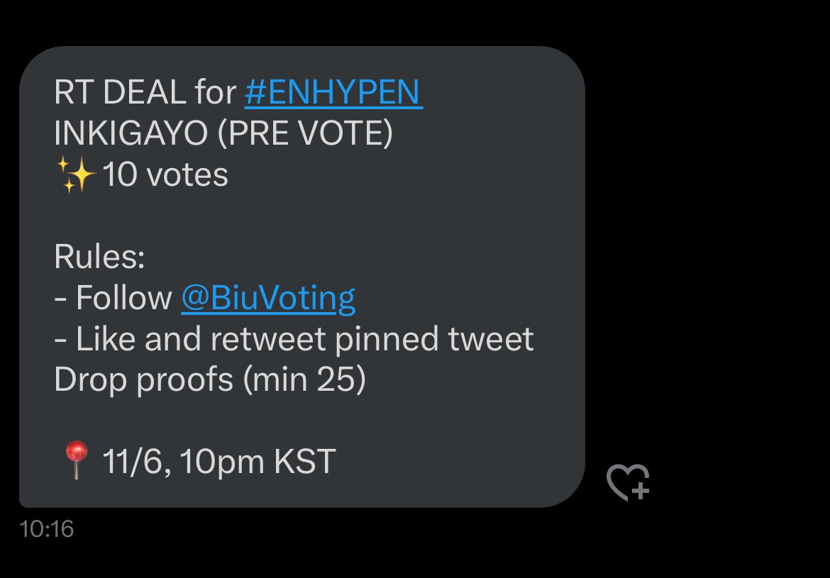RT DEAL for #ENHYPEN
INKIGAYO (PRE VOTE)
✨10 votes

Rules: 
- Follow <a href="/BiuVoting/">biu voting DM TO BUY KPOP VOTES</a>
- Like and retweet pinned tweet 
Drop proofs (min 25) 

📍11/6, 10pm KST