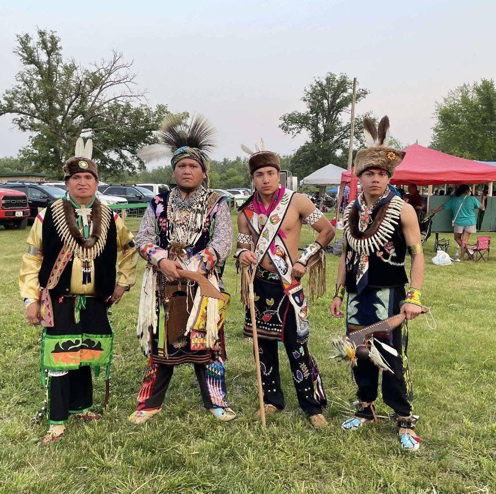 Meskwaki Woodland Dancers 

L to R

Uncle John, Brother Daniel, Nephew Eleron, and Nephew Ethan 

5/31/25
