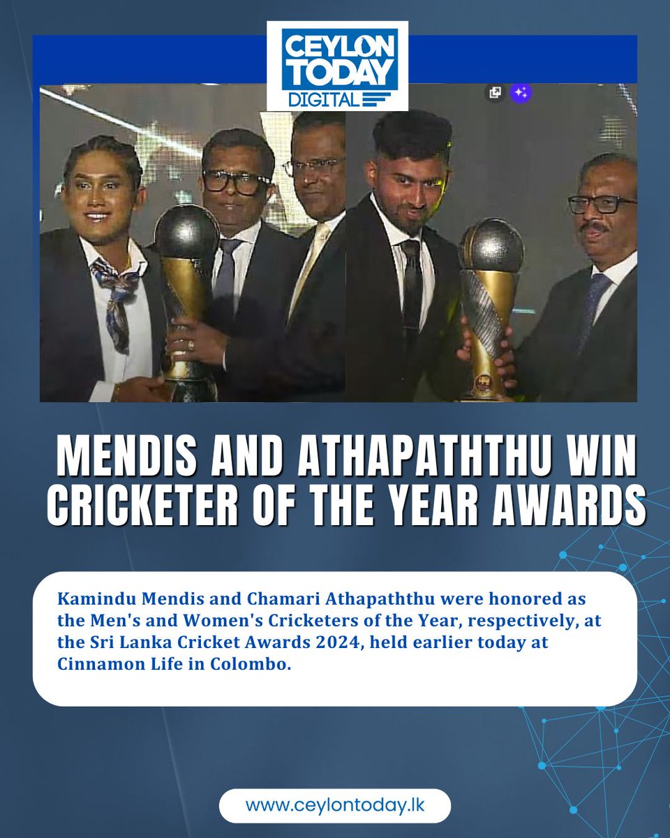 Kamindu Mendis and Chamari Athapaththu were honored as the Men's and Women's Cricketers of the Year, respectively, at the Sri Lanka Cricket Awards 2024, held yesterday (9) at Cinnamon Life in Colombo, Sri Lanka.