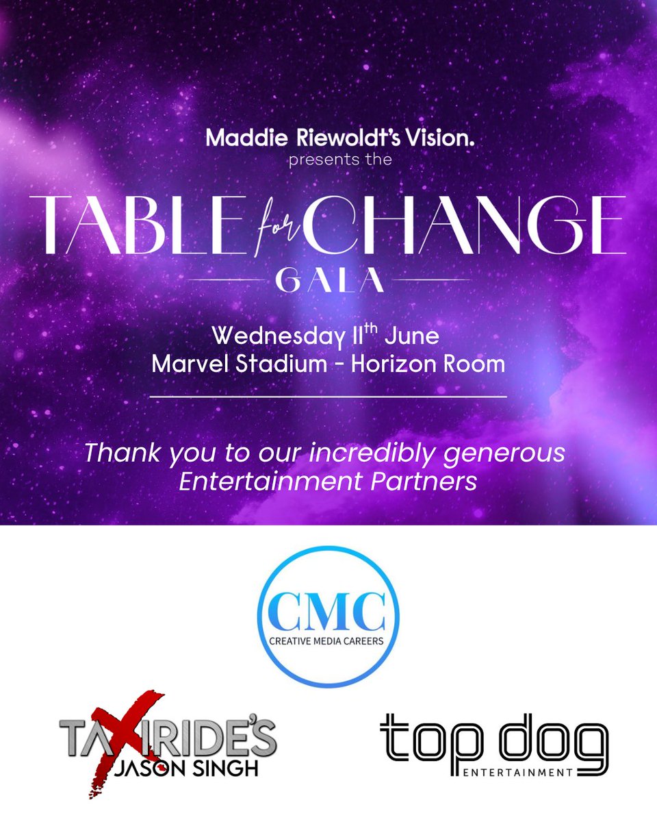 Maddie Riewoldt's Vision (@maddiesvision) on Twitter photo The inaugural Table for Change Gala is almost here! We are deeply grateful to our Entertainment Partners - <a href="/CMCtalent/">CMCtalent</a>, Taxiride's Jason Singh and Top Dog Entertainment. Find out more:
cmctalent.com.au
taxiride-ft-jasonsingh.com
topdogent.com.au
π The inaugural Table for Change Gala is almost here! We are deeply grateful to our Entertainment Partners - <a href="/CMCtalent/">CMCtalent</a>, Taxiride's Jason Singh and Top Dog Entertainment. Find out more:
cmctalent.com.au
taxiride-ft-jasonsingh.com
topdogent.com.au
π