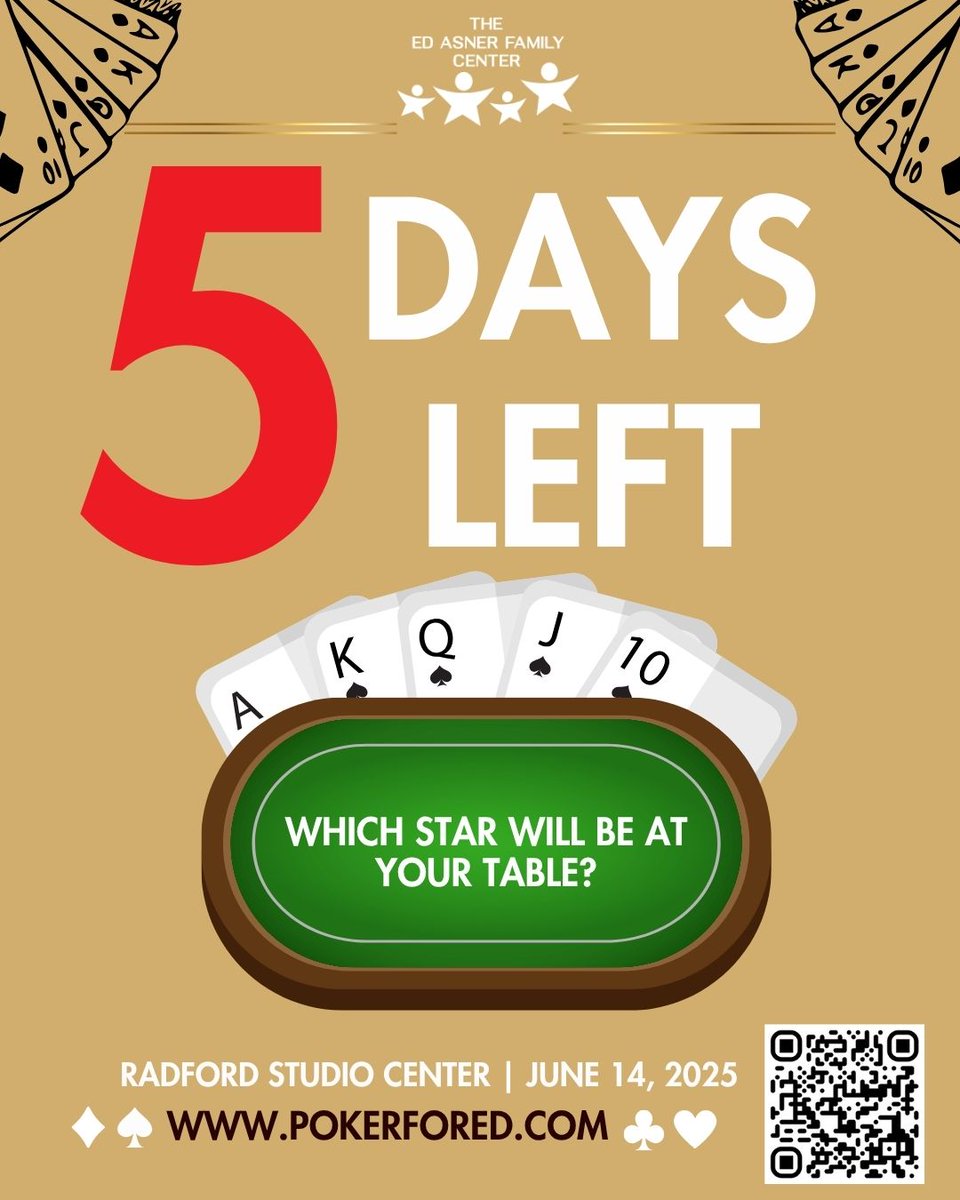 EdAsnerCenter's tweet image. ⏳ Just 5 days to go until the 13th Annual Ed Asner & Friends Celebrity Poker Night!
♠️ Limited tickets left — grab yours before they’re gone.
🎟️ pokerfored.com
🗓 June 14 | 📍 Radford Studio Center | ⏰ 5 PM