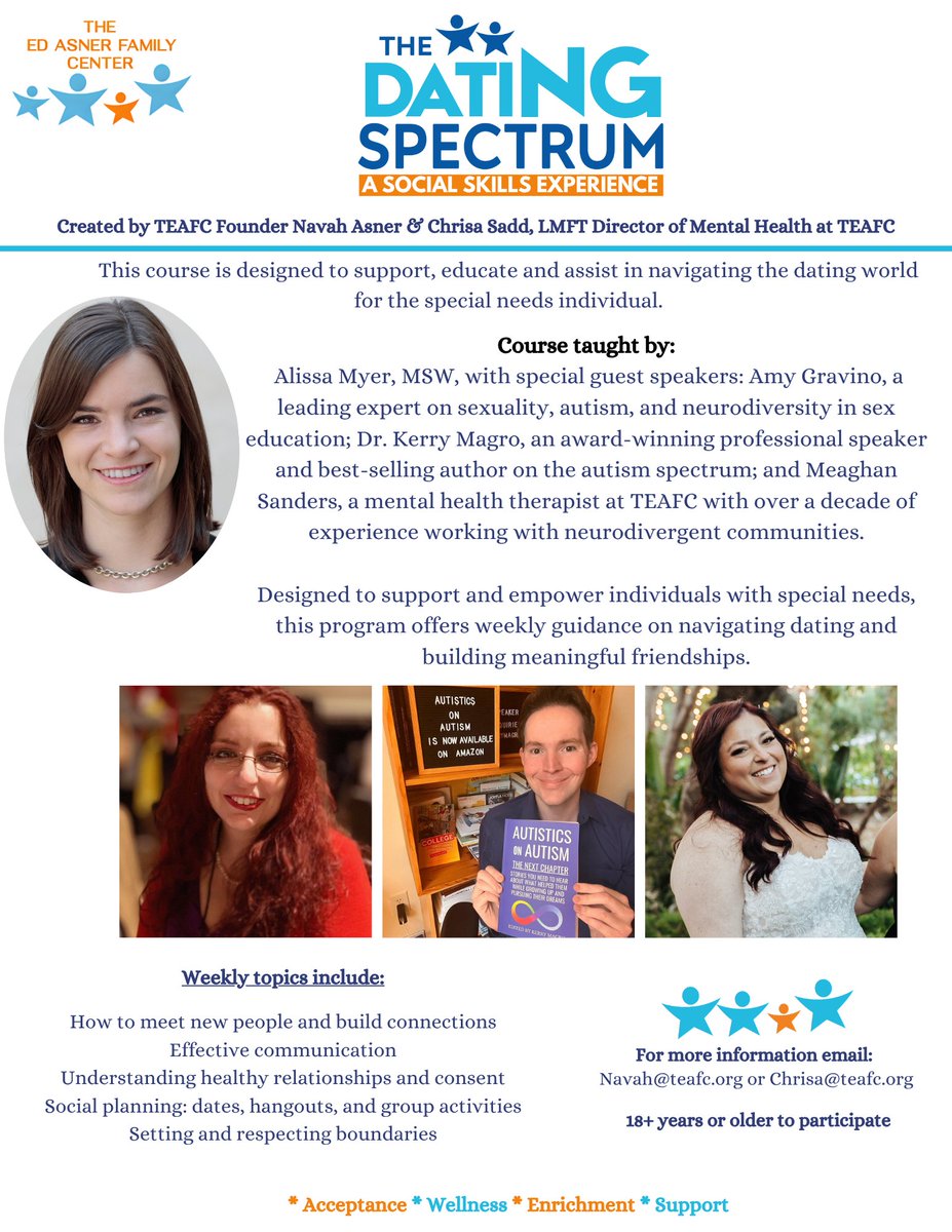 EdAsnerCenter's tweet image. 📣 The Dating Spectrum: A Social Skills Experience
A 6-week course empowering individuals with special needs to navigate dating and build meaningful friendships.
Led by Alissa Myer, MSW, with special guest experts in autism, relationships, and mental health.
📧 For more…
