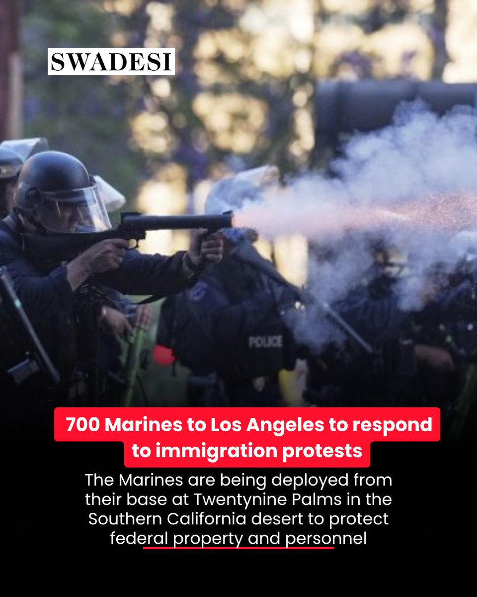 swadesicom's tweet image. The Pentagon deployed about 700 Marines to Los Angeles on Monday to help National Guard members respond to immigration protests, officials said, 

swadesi.com/pentagon-deplo…

#MarinesInLA #ImmigrationProtests #TrumpMilitary #CivilRights #LAProtests #StandWithImmigrants