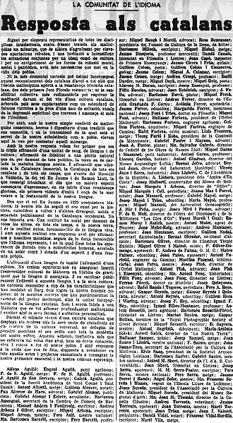 86 anys del manifest amb el nom "Resposta als catalans" que signa la intel·lectualitat de les Illes Balears i que demana la recuperació de l'oficialitat del català a les Illes i la col·laboració dels territoris de parla catalana. Venim de Mar enllà. Venim de lluny.