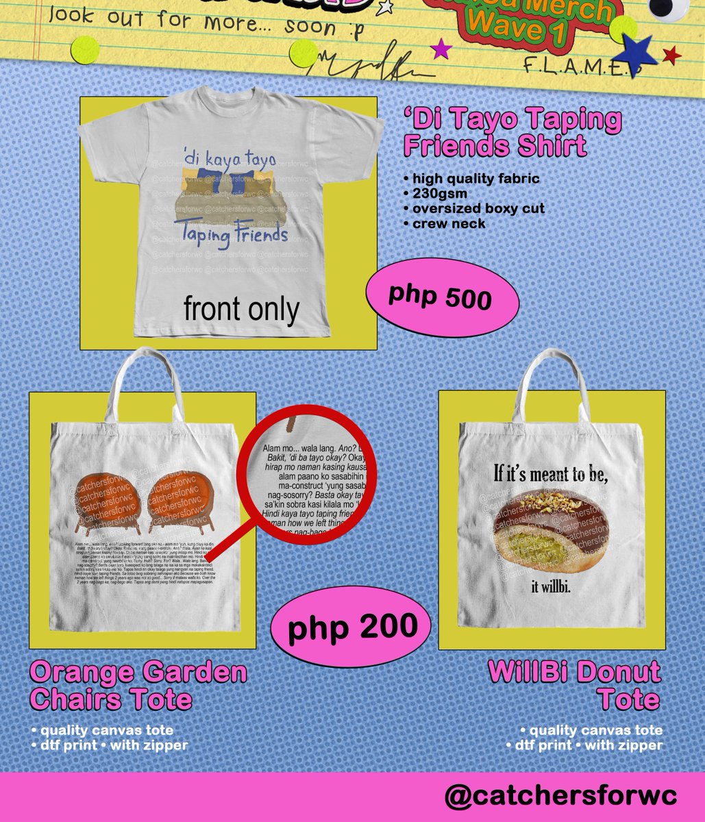 willcatchers4wc's tweet image. TAPING FRIENDS MERCH PRICES AND SPECIFICATIONS

➫  taping friends hoodie: php1,000
➫ sana mag duo pa tayo shirt: php450
➫ di kaya tayo taping friends shirt: php500
➫ willca tote bags (2 designs): php200

check the full details here ⤵️