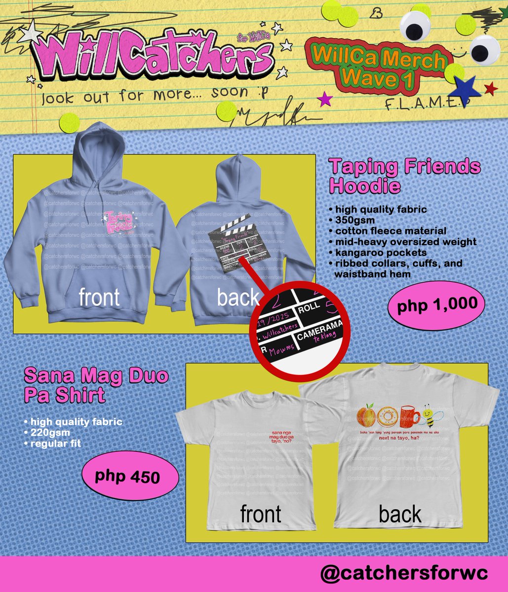 willcatchers4wc's tweet image. TAPING FRIENDS MERCH PRICES AND SPECIFICATIONS

➫  taping friends hoodie: php1,000
➫ sana mag duo pa tayo shirt: php450
➫ di kaya tayo taping friends shirt: php500
➫ willca tote bags (2 designs): php200

check the full details here ⤵️
