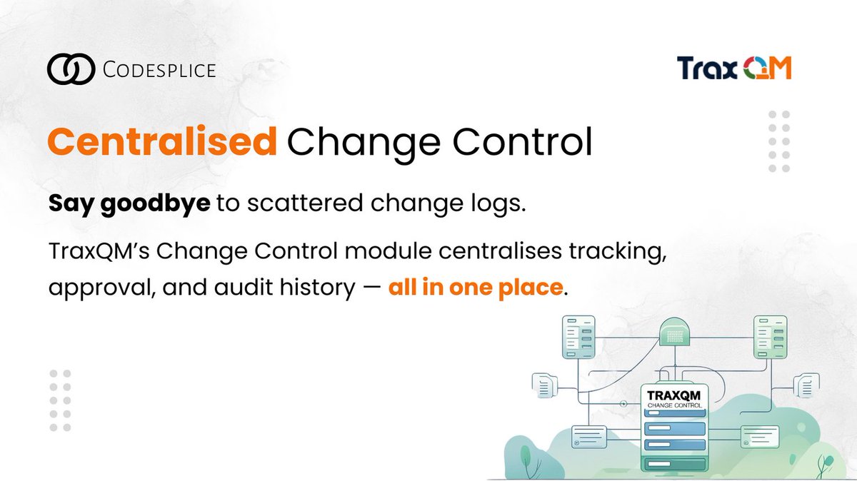 Codesplice Ltd (@codespliceltd) on Twitter photo Centralised Change Control
Say goodbye to scattered change logs.
TraxQMβs Change Control module centralises tracking, approval, and audit history β all in one place.
traxqm.com Centralised Change Control
Say goodbye to scattered change logs.
TraxQMβs Change Control module centralises tracking, approval, and audit history β all in one place.
traxqm.com