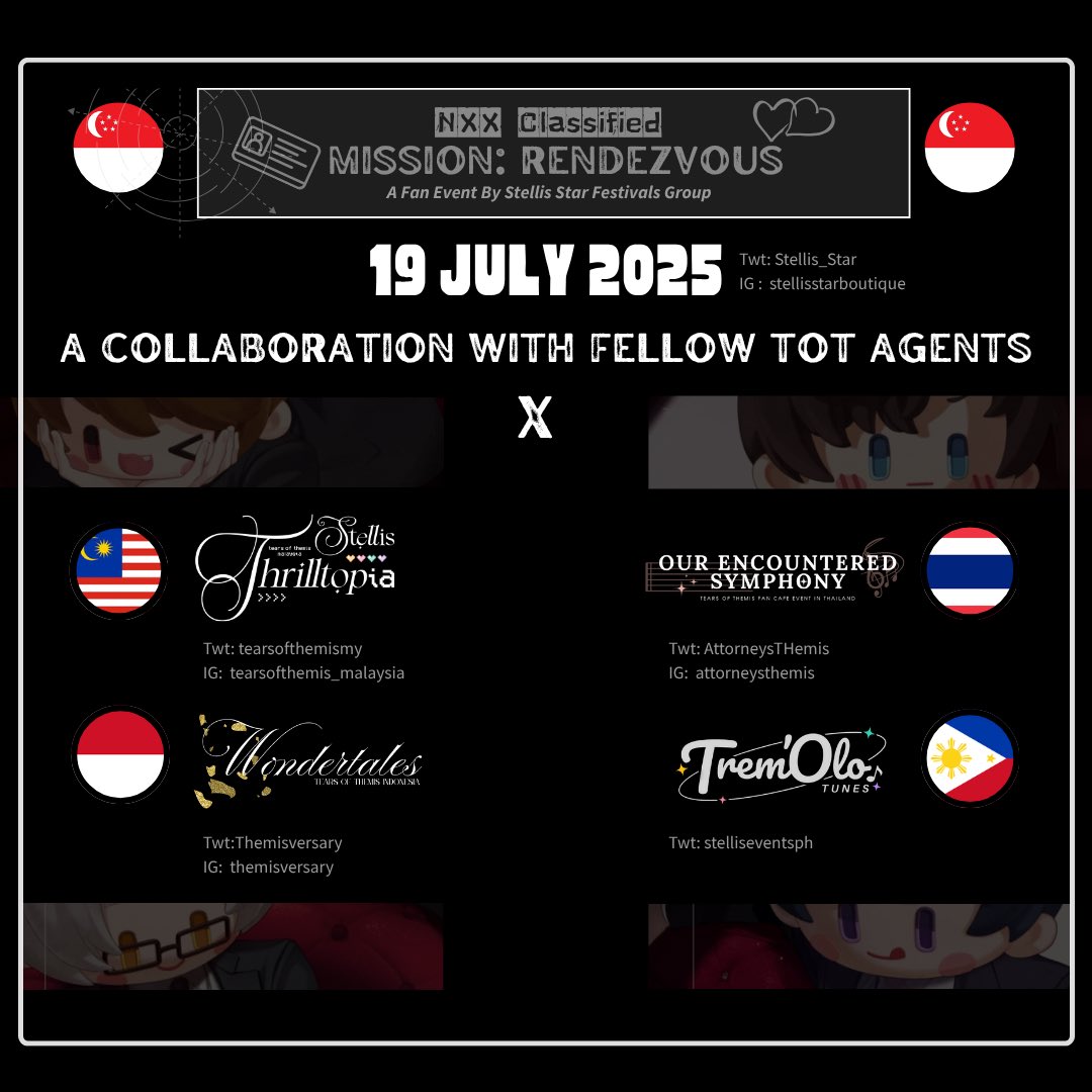 Stellis Star Collective (@stellis_star) on Twitter photo A collaboration between <a href="/tearsofthemismy/">Tears of Themis Malaysia</a> , <a href="/stelliseventsph/">✨</a> , <a href="/Themisversary/">Themisversary|4th Anniversary 2025</a> , <a href="/AttorneysTHemis/">Our Encountered Symphony 🎼</a> and <a href="/Stellis_Star/">Stellis Star Collective</a>
Stay tuned for more information!
#TearsofThemis #NXXClassified #MissionRendevous #ToT #4thToTxSEAnniversary A collaboration between <a href="/tearsofthemismy/">Tears of Themis Malaysia</a> , <a href="/stelliseventsph/">✨</a> , <a href="/Themisversary/">Themisversary|4th Anniversary 2025</a> , <a href="/AttorneysTHemis/">Our Encountered Symphony 🎼</a> and <a href="/Stellis_Star/">Stellis Star Collective</a>
Stay tuned for more information!
#TearsofThemis #NXXClassified #MissionRendevous #ToT #4thToTxSEAnniversary