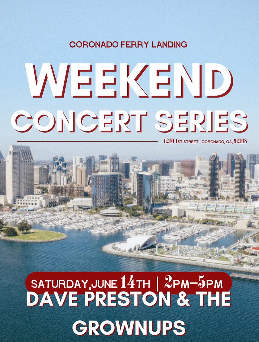 PassPort San Diego (@passport_sd) on Twitter photo Your perfect weekend starts at <a href="/CoronadoFerryLd/">CoronadoFerryLanding</a> ! 🎶
Join them for their Weekend Concert Series
Come for the live music, stay for the day — enjoy waterfront dining, grab a sweet treat, or browse the shops while you soak in the views. 🍦🍽️🛍️ Your perfect weekend starts at <a href="/CoronadoFerryLd/">CoronadoFerryLanding</a> ! 🎶
Join them for their Weekend Concert Series
Come for the live music, stay for the day — enjoy waterfront dining, grab a sweet treat, or browse the shops while you soak in the views. 🍦🍽️🛍️