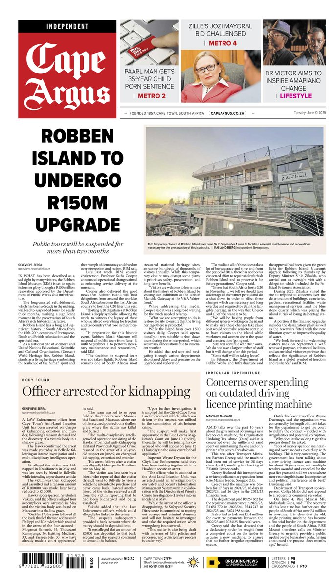 Inside your Tuesday edition of the Cape Argus:

🗞️Search for missing Rawsonville woman ends in tragedy
🗞️Somerset West on edge as taxi violence disrupts public safety
🗞️Green Point stadium starts a new chapter
