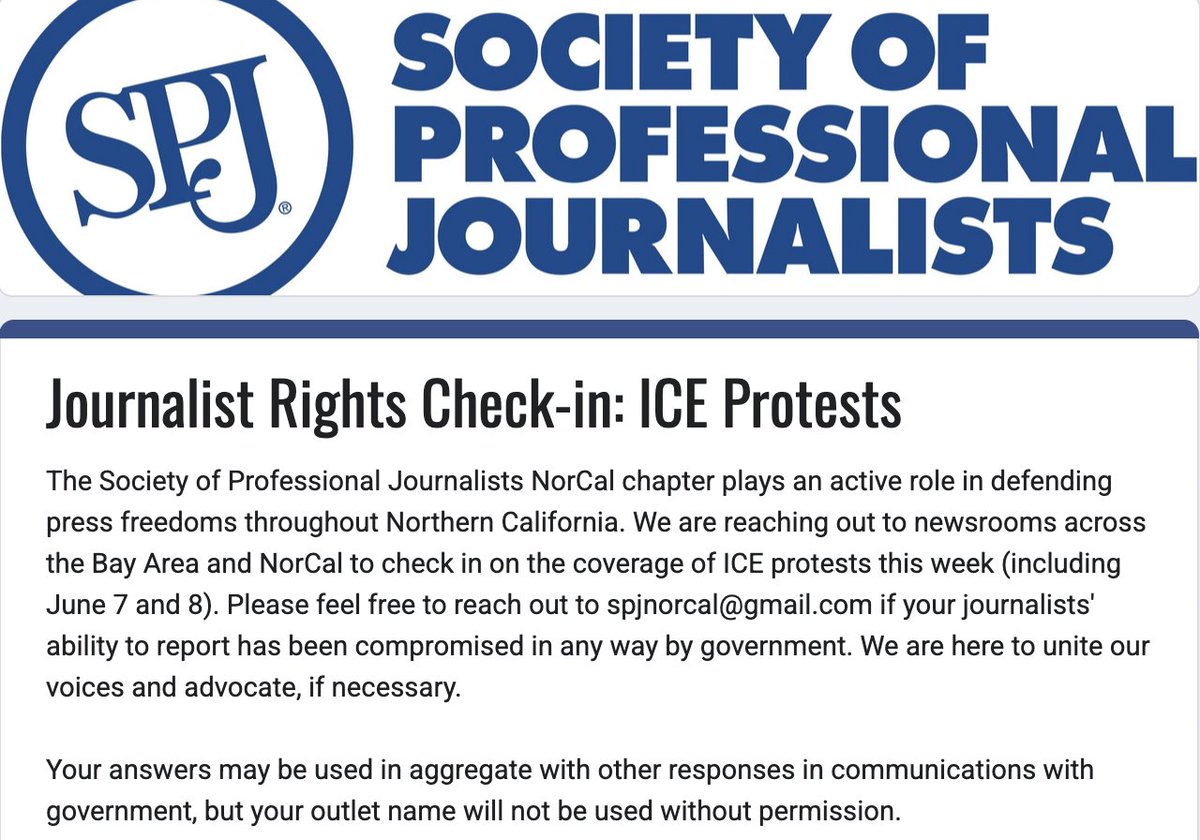 SPJ_NorCal's tweet image. We are monitoring the protests for any interactions with law enforcement that interfere with reporting and safety  in doing so. Please reach out if this is the case. DM for survey link or email us, can also DM for Signal