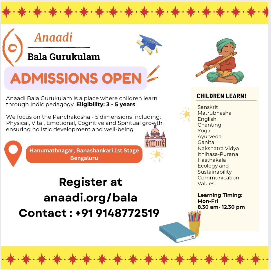 𝐀𝐝𝐦𝐢𝐬𝐬𝐢𝐨𝐧𝐬 𝐎𝐩𝐞𝐧 𝐟𝐨𝐫 𝐀𝐧𝐚𝐚𝐝𝐢 𝐁𝐚𝐥𝐚 𝐆𝐮𝐫𝐮𝐤𝐮𝐥𝐚𝐦
Mon-Fri | 8.30 am to 12.30 pm
Bengaluru, 3-5 years 
anaadi.org/bala