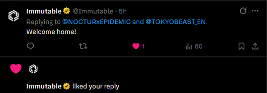 NOCTURxEPIDEMIC's tweet photo. 🚀 Just got warmly welcomed by @Immutable —officially invited to their blockchain home! Feels great to join the family. Let's build! 🌟
#Immutable #BlockchainHome #Web3 https://t.co/mkAkxxJXdt