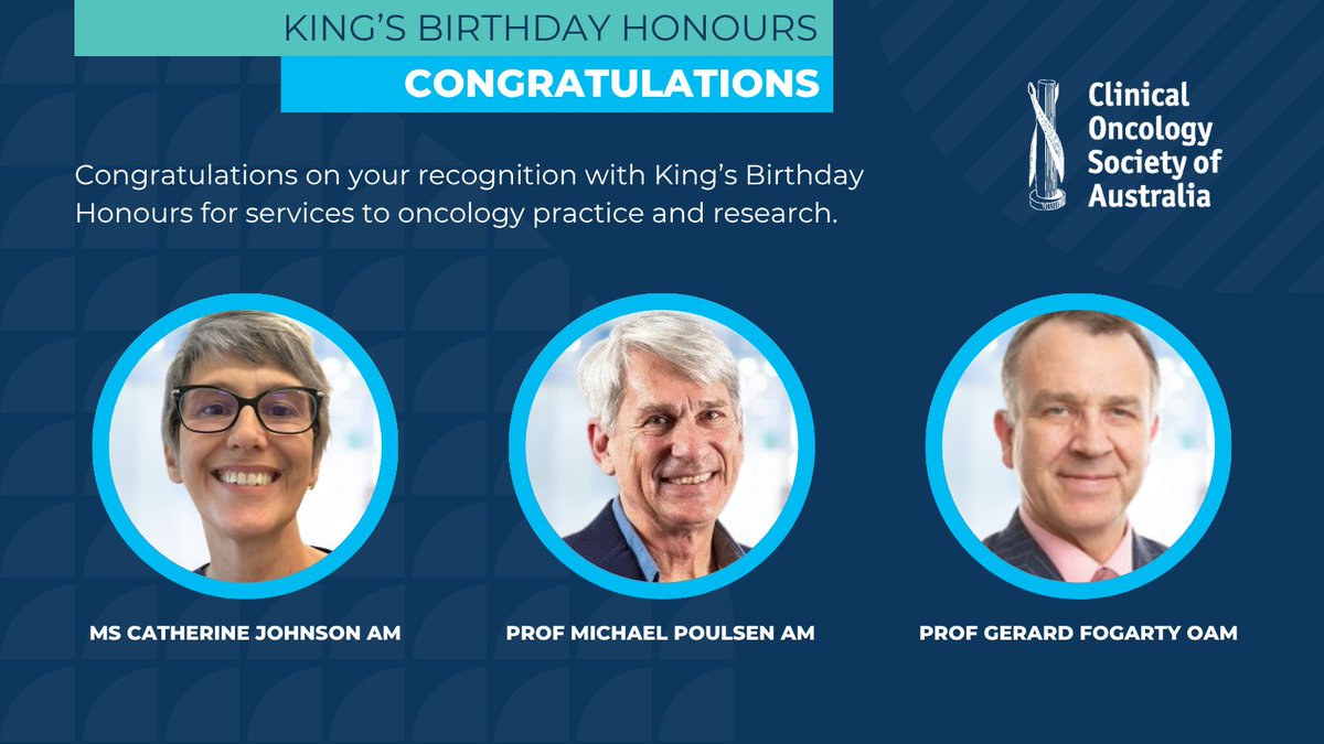 COSAoncology's tweet image. Congratulations COSA members and friends who were recognised with #KingsBirthdayHonours including oncology nurse and researcher, Catherine Johnson AM, and radiation oncologists and researchers, Prof Michael Poulsen AM and Prof Gerard Fogarty OAM. These honours are well deserved