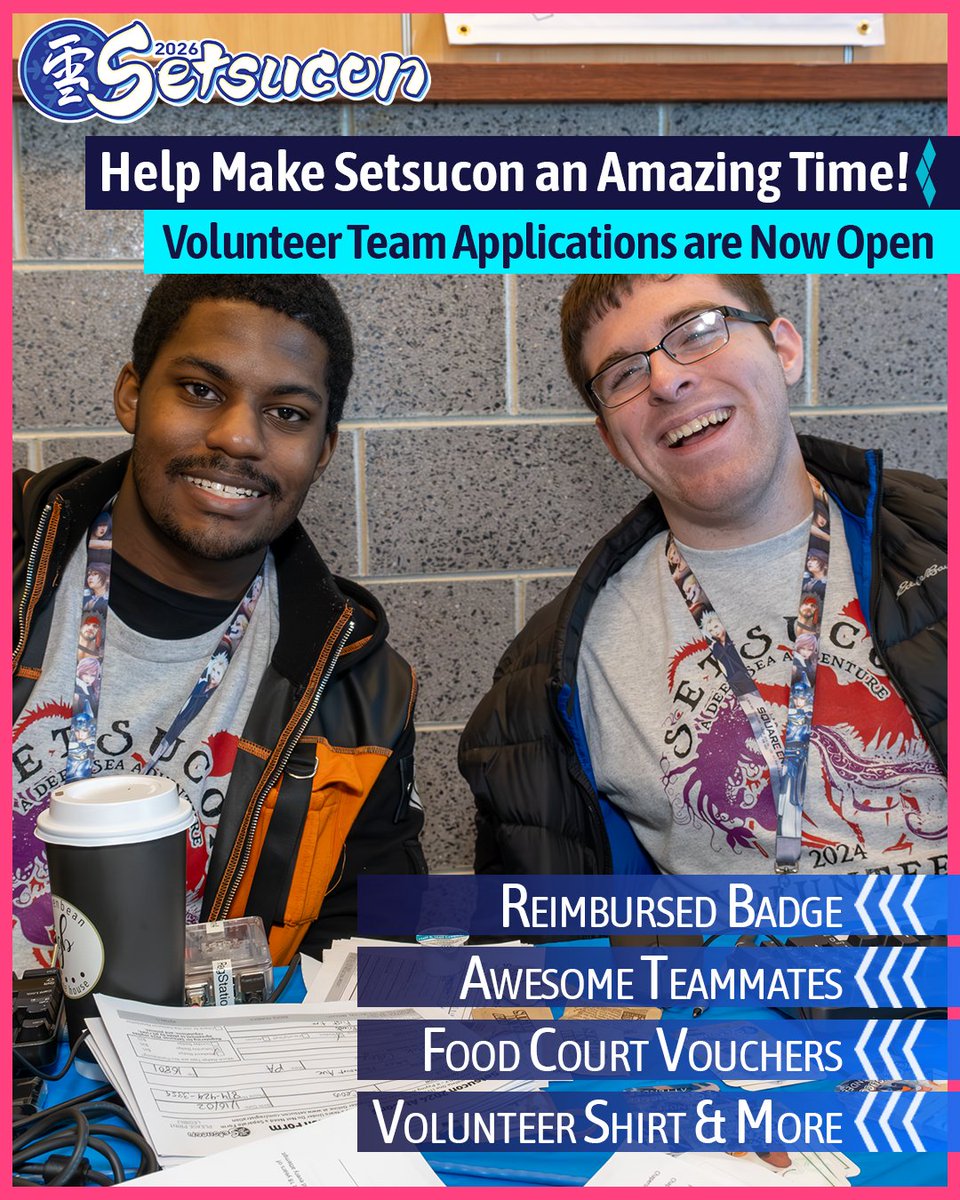🎲 Join the Setsucon 2026 Team! 🎲
Volunteer Applications are NOW OPEN!
Help us make the magic happen, earn great perks, be a part of an amazing team, &amp; get a behind-the-scenes look at the con! We need passionate fans like you!

Learn More &amp; Apply Today! setsucon.com/volunteer/