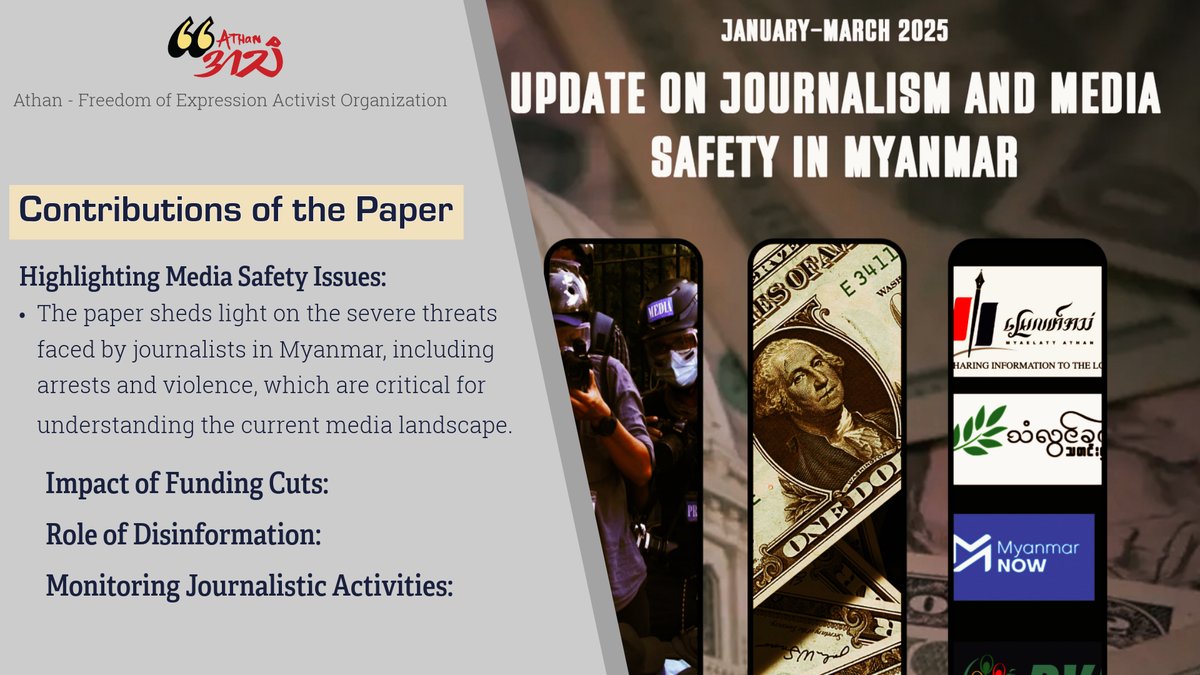 In the first quarter of 2025, two Myanmar journalists were arrested while two were released. A second conviction was handed down to a journalist who was already serving a sentence for terrorism. 

More &gt; tinyurl.com/y8mwjd6h
#Myanmar  #Athan #Athanmm