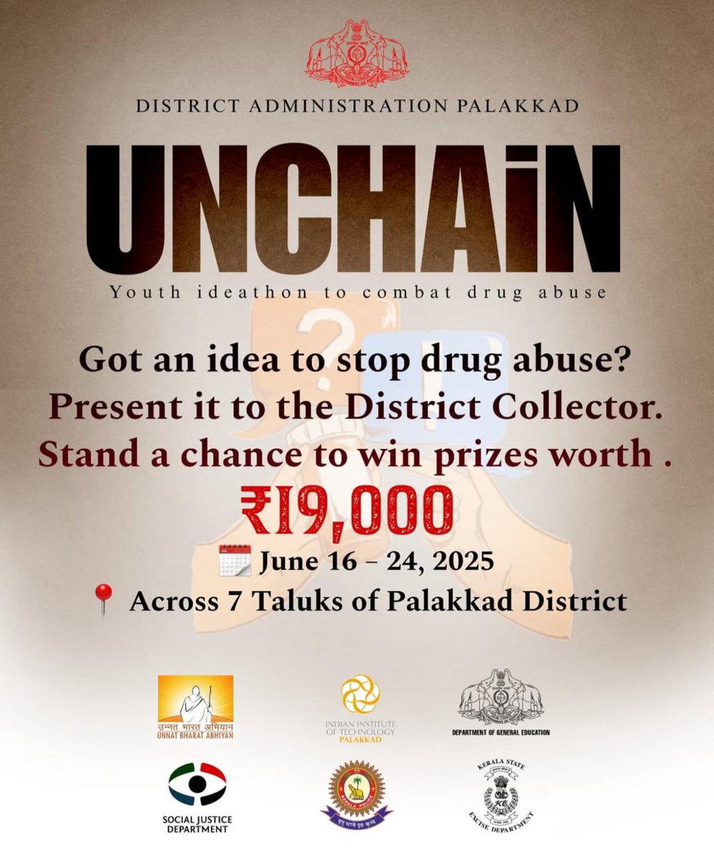 uba_iitpkd's tweet image. UNCHAIN- IDEATHON Youth  ideathon to combat drug abuse - An initiative by District Administration  Palakkad in association with Unnat Bharat Abhiyaan (UBA) Regional  Coordinating Institute (RCI), IIT Palakkad