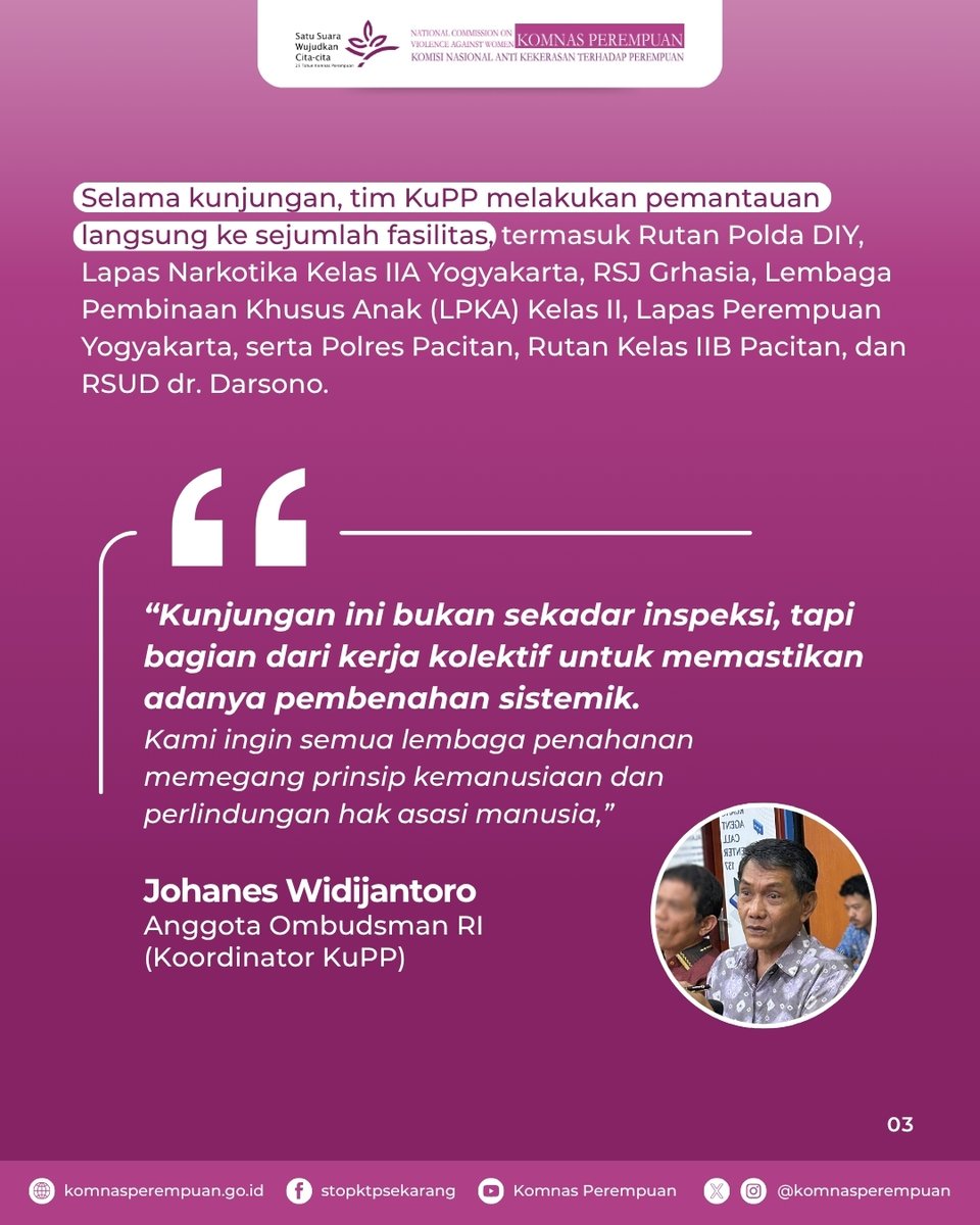 Kerja Sama untuk Pencegahan Penyiksaan (KuPP) yang terdiri dari <a href="/KomnasHAM/">HAM untuk Semua!</a>, <a href="/komnasperempuan/">Komnas Perempuan</a>, <a href="/kpai_official/">KPAI</a>, <a href="/infolpsk/">LPSK</a>, <a href="/ombudsmanri137/">Ombudsman RI</a> dan Komnas Disabilitas (KND) kembali melakukan pemantauan langsung ke lapas, rutan, rumah sakit, lembaga pembinaan di Yogyakarta dan Pacitan.