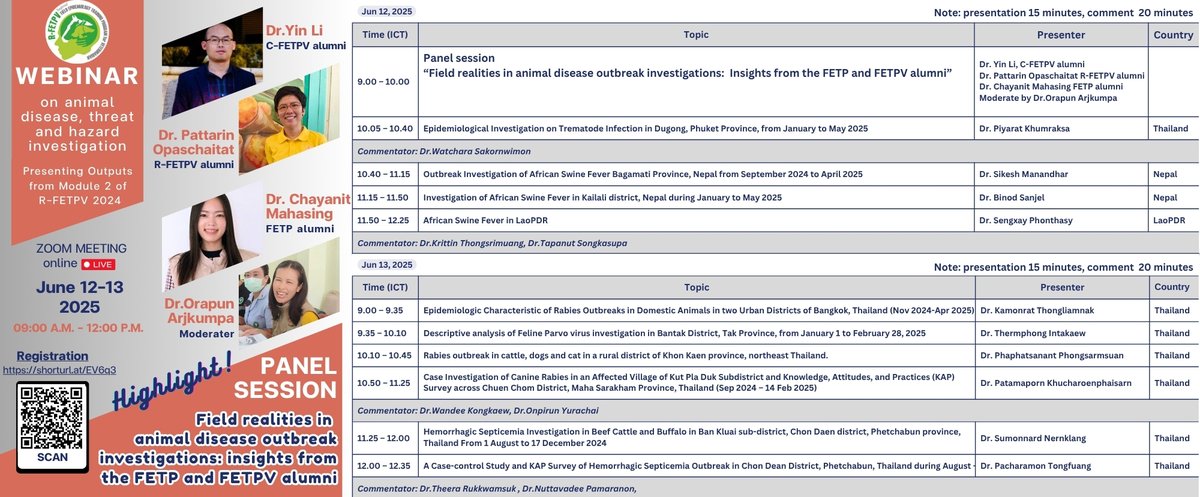 RFetpv's tweet photo. 🌏Join us for the Animal Disease, Threat &amp; Hazard Investigation Webinar!
🗓️ June 12–13, 09:00–12:00 ICT
🎤 Panel: FETP/FETPV alumni on ASF, AHS &amp; Anthrax
🧪 R-FETPV output: Rabies, Dugong trematode &amp; more
💻 Zoom ID: 926 4584 1326 | Code: 123456
#FETPV #onehealth https://t.co/ETAueCfwv2