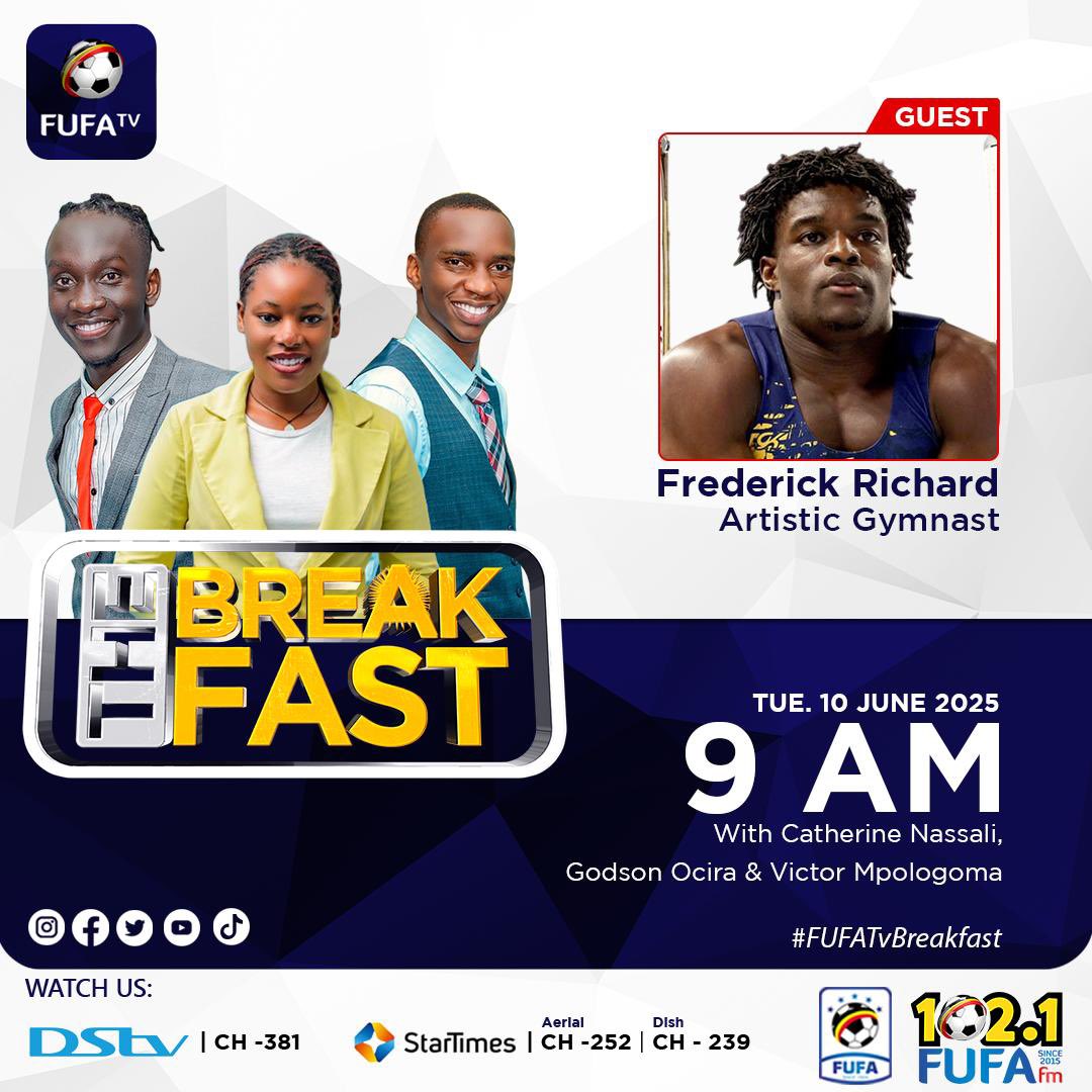 MpologomaVictor's tweet photo. American artistic gymnast, @FrederickFlips - captain of @USAGym at the Paris 2024 Olympics joins us on The Breakfast this morning. 

He is in Uganda to partner with @gymnasticsUG to promote gymnatiscts development nationwide. 

Join the conversation on #FUFATvBreakfast https://t.co/rDnuJeXH8G