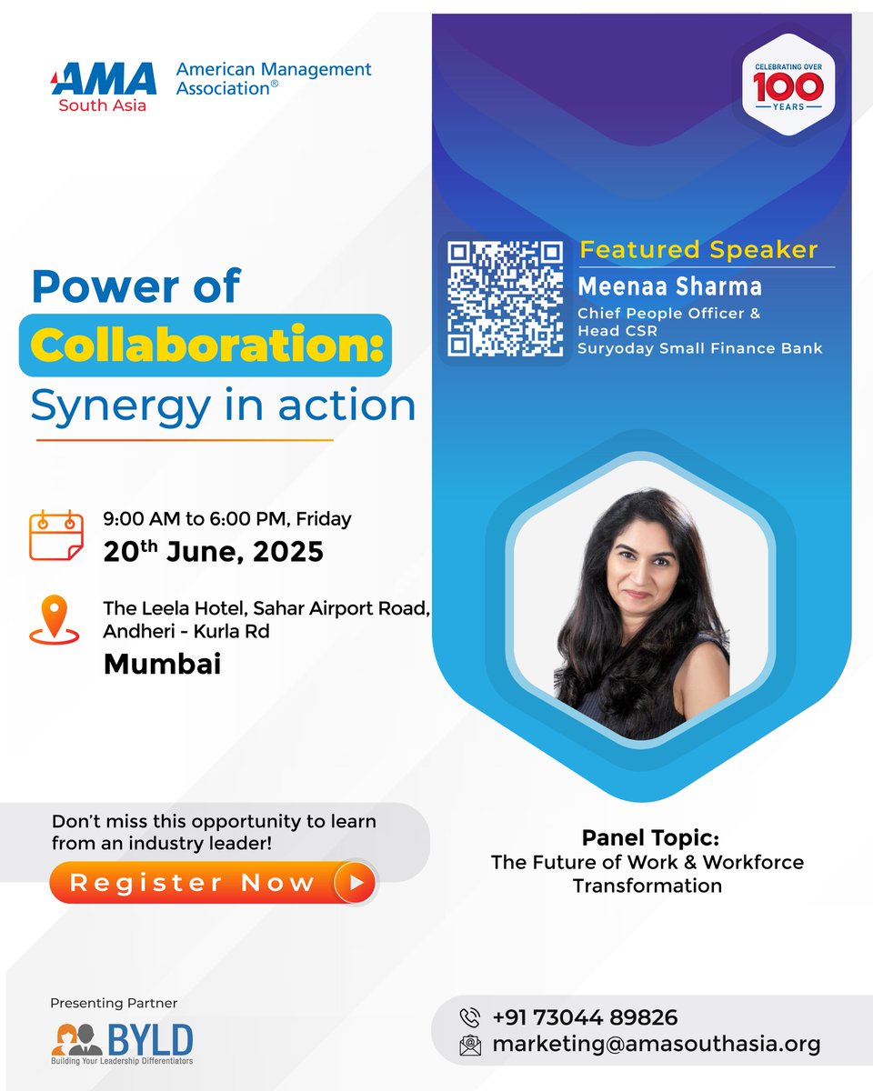 asia_ama89347's tweet image. 🚀 Power of Collaboration: Synergy in Action
Join us for an exclusive panel discussion with Meenaa Sharma, Chief People Officer &amp;amp; Head CSR at Suryoday Small Finance Bank.

#AMAEvents #LeadershipPanel #FutureOfWork #WorkforceTransformation #HRLeadership #AMAIndia