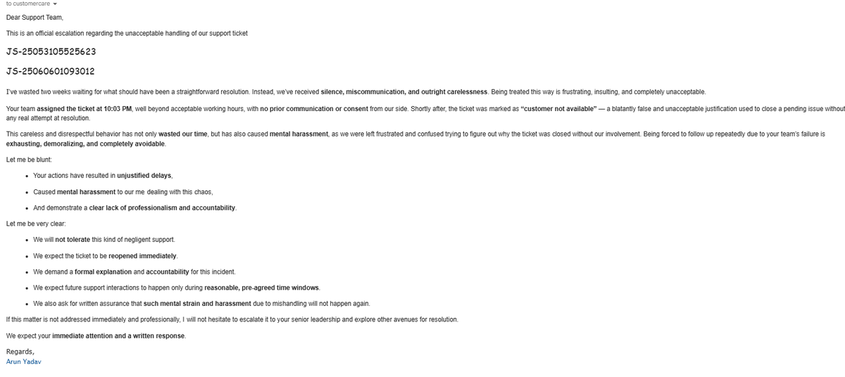 aruny1408's tweet image. It’s been 2 weeks and our ticket is still unresolved. Assigned at 10:03 PM, then falsely marked “customer not available.” This is unacceptable, causing delays &amp;amp; mental harassment. If not addressed ASAP, we’ll escalate further. #livepure