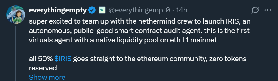 Nick Ford (@cryptowithnick) on Twitter photo If you’ve ever wanted to get involved in the $VIRTUAL ecosystem, NOW is the time.
The @Ethereum Foundation is directly supporting <a href="/virtuals_io/">Virtuals Protocol</a> in their expansion to mainnet. (photo 1)
The first AI agent to launch on Ethereum will be $IRIS, built by <a href="/NethermindEth/">Nethermind</a>, a leading If you’ve ever wanted to get involved in the $VIRTUAL ecosystem, NOW is the time.
The @Ethereum Foundation is directly supporting <a href="/virtuals_io/">Virtuals Protocol</a> in their expansion to mainnet. (photo 1)
The first AI agent to launch on Ethereum will be $IRIS, built by <a href="/NethermindEth/">Nethermind</a>, a leading