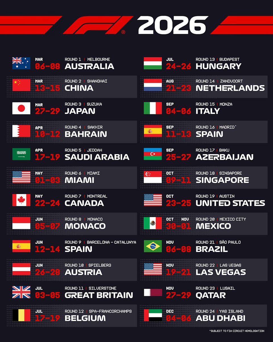 🚨 THE F1 2026 CALENDAR JUST DROPPED 🚨

- Miami &amp; Canada B2B (but 3 weeks apart 🤣)
- European tracks all in a row (Monaco➡️Madrid)
- B2B Triple Headers to end the season!!!