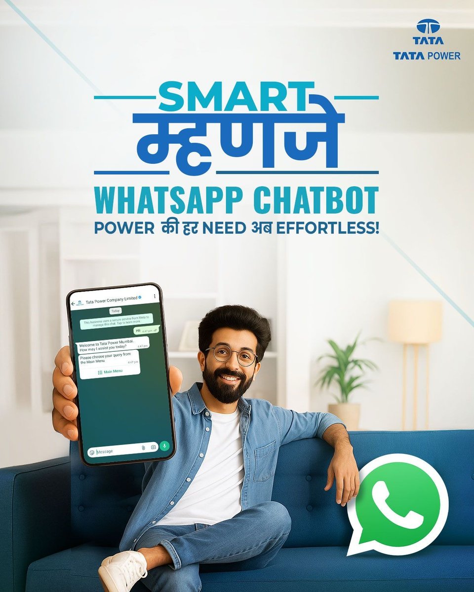 A connected city thrives on empowered citizens.

Now, you can just send a simple ‘Hi’ on WhatsApp to +91 70451 16237 from your registered mobile number and get instant assistance for TATA Power related queries, anytime you need it!

#SmartManjheTataPower #PowerOfInnovation