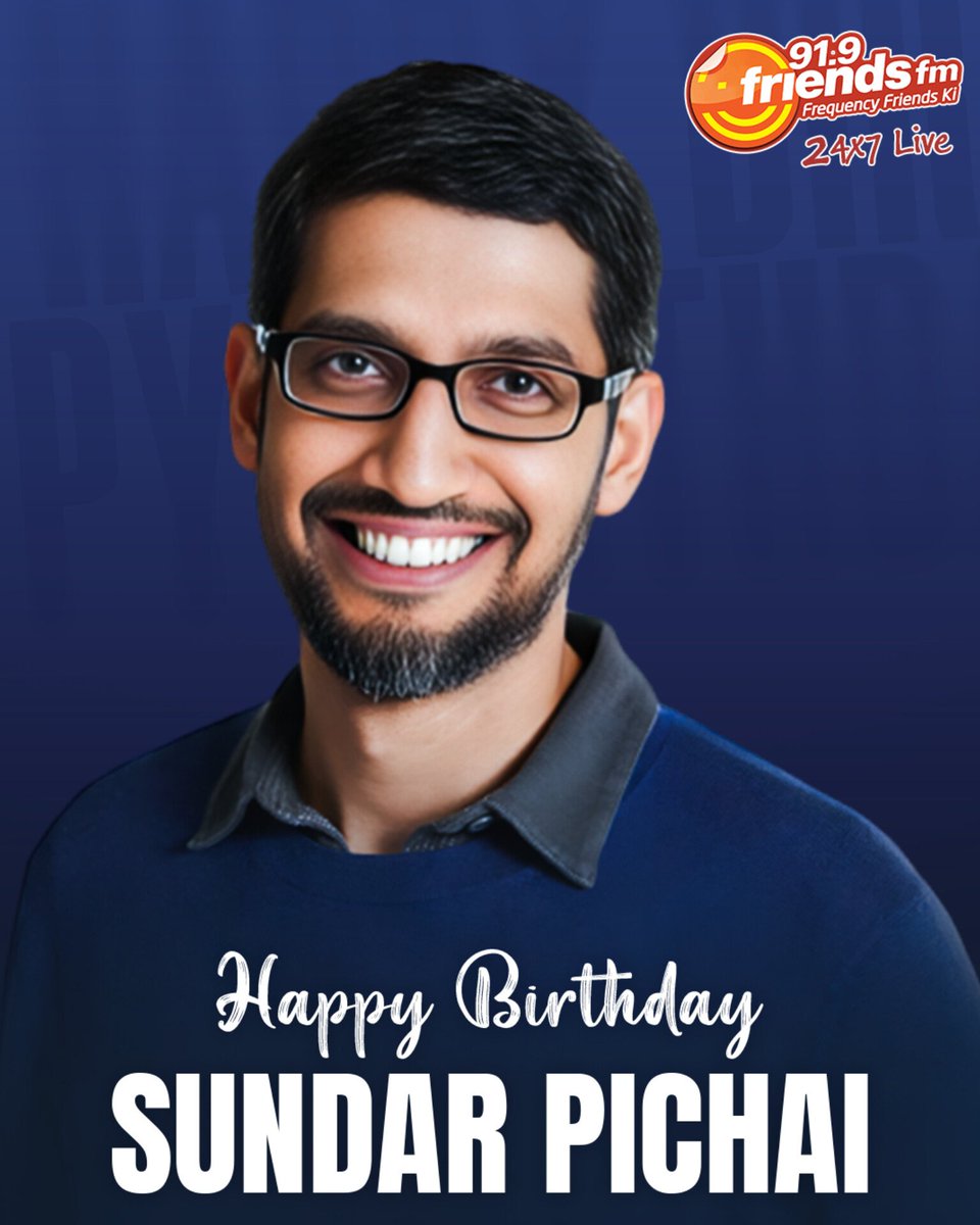 919FriendsFm's tweet photo. Team #FriendsFM wishes @sundarpichai a very Happy Birthday!! 🎉🎂😍🎁💐
#919FriendsFM #Kolkata #SundarPichai #HBDSundarPichai #HappyBirthdaySundarPichai #GoogleTech #GoogleCEO https://t.co/zq26p7leh2