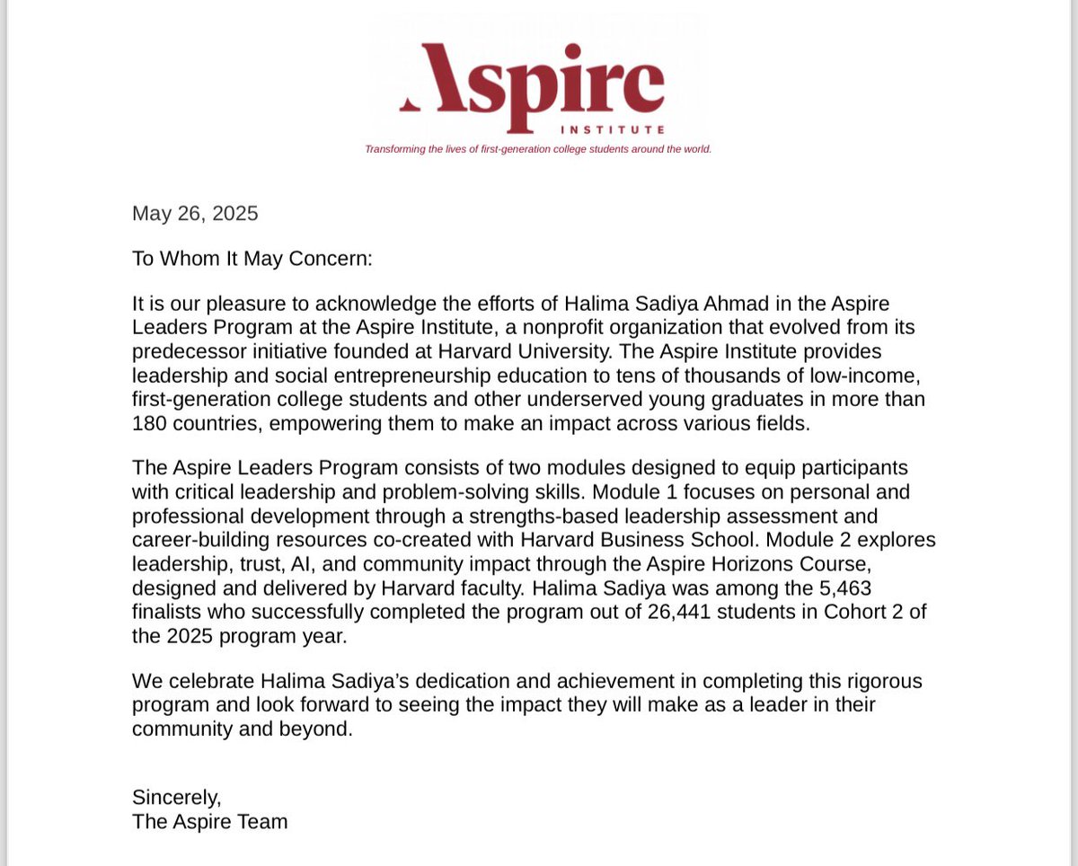 Halima_S_Ahmad's tweet image. 🎉 I’m proud to have completed the #AspireLeadersProgram a global journey of growth, purpose &amp;amp; leadership.

From grassroots to global, this experience strengthened my voice as a #FirstGen leader driving change in food, climate &amp;amp; community.

#AspireInspiresFirstGen 🌱🌍