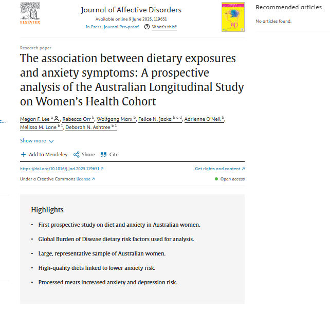 Food Mood Doctor (@foodmooddoctor) on Twitter photo New manuscript with the dream team from Deakin University on dietary exposures and anxiety symptoms using the Global Burden of Disease dietary risk factor framework in the Australian Longitudinal Study on Women's Health.
sciencedirect.com/science/articl…
<a href="/_ISNPR/">ISNPR</a> <a href="/BondUniversity/">Bond University</a> <a href="/Deakin/">Deakin University</a> New manuscript with the dream team from Deakin University on dietary exposures and anxiety symptoms using the Global Burden of Disease dietary risk factor framework in the Australian Longitudinal Study on Women's Health.
sciencedirect.com/science/articl…
<a href="/_ISNPR/">ISNPR</a> <a href="/BondUniversity/">Bond University</a> <a href="/Deakin/">Deakin University</a>